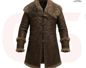 Handmade Distressed Brown Leather Viking Coat: Norse Warrior Faux Fur Costume