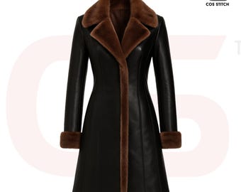 Vintage Style Schwarz Kunstleder Trenchcoat mit Braunem Kunstpelzkragen