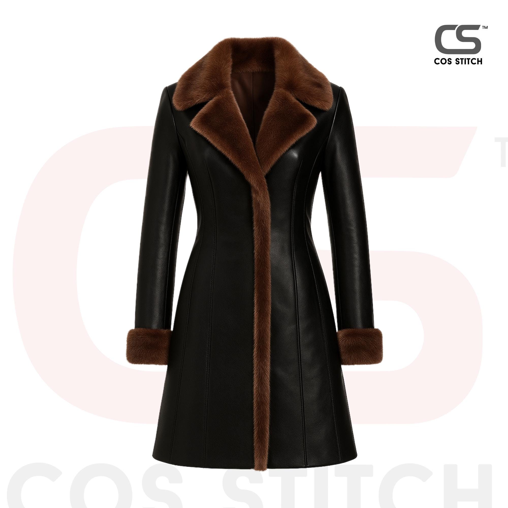 Vintage Style Black Faux Leather Trench Coat With Brown Faux Fur