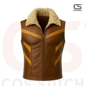 May include: Brown leather vest with a tan faux fur collar and gold-colored accents. The vest has a full-length zipper and a tailored fit. The Cos Stitch logo is visible in the upper right corner.