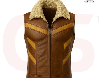 Men's Real Leather Biker Vest: Faux Fur Collar, Handmade Cosplay Costume