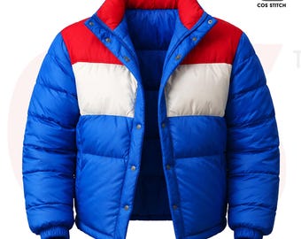 Chaqueta acolchada retro de los años 80 hecha a mano: Bomber de invierno roja y azul