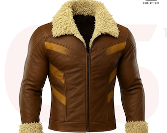 Giacca da motociclista Sabretooth in vera pelle da uomo: collo in pelliccia sintetica, costume da cosplay