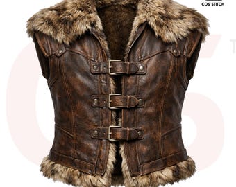 Viking Leather Vest Medieval Fur Collar Warrior Vest Men Norse Armor Cosplay Costume Barbarion Leather Vest