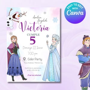 May include: A party invitation featuring illustrations of characters from the movie "Frozen". The invitation has the text "Victoria Cumple 5" and event details. The design includes a watercolor background with snowflakes and the Canva logo.