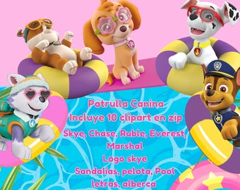 Clipart de la fiesta en la piscina de la Patrulla Canina: Skye, Marshall y Rubble (10 imágenes PNG)