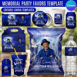 May include: A collection of memorial party favor templates featuring a blue theme with a portrait of a man, a white dove, and the text "FOREVER IN OUR HEARTS" and "JONATHAN WILLAIMS". The set includes chip bags, a water bottle label, a cup, and a box.