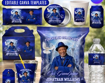 Custom Memorial Party Favor Template, Celebration of Life Chip Bag, Water Bottle, Pin Button, Personalized Funeral Printable Keepsake