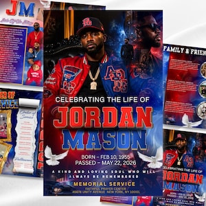 Puede incluir: Un programa de servicio conmemorativo con un retrato de Jordan Mason vistiendo una chaqueta universitaria roja y azul, una gorra de béisbol negra y una cadena de oro. El texto dice Celebrating the Life of Jordan Mason, Born Feb 10, 1955, Passed May 22, 2026.