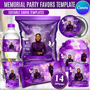 May include: A collection of purple memorial party favor templates featuring a portrait of a person in a blazer, white doves, and clouds. Text includes In Loving Memory, We Miss You, Samantha David, and dates. Includes a water bottle, chip bag, and box.