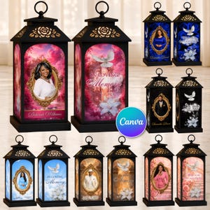 May include: A collection of black metal memorial lanterns featuring decorative rose cutouts on the top. Each lantern displays personalised photographic portraits, white doves, lilies, and the text In Loving Memory on glass panels.