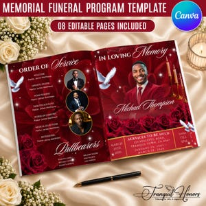 May include: A memorial funeral program template featuring a deep red rose background with white doves and sparkles. The layout includes text for Order of Service, In Loving Memory, and service details, with placeholders for photos and names.