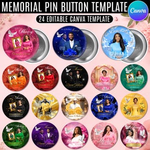 May include: A collection of 24 circular memorial pin button templates featuring "In Loving Memory" text, floral backgrounds, white doves, and frames for photos. The digital design set includes various color schemes and layouts for custom buttons.