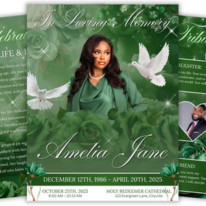 Peut inclure: Un modèle de programme funéraire avec le portrait d'une personne en blazer vert, entouré de roses vertes et de deux colombes blanches. Le texte indique In Loving Memory, Amelia Jane, 12 décembre 1986 - 20 avril 2025, et les détails de l'événement.