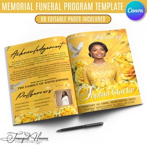 May include: A memorial funeral program template with eight editable pages, featuring a yellow theme with roses, butterflies, and a white dove. The design includes text such as In Loving Memory, Sophia Clarke, and a list of pallbearers.