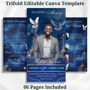 Può includere: Un modello Canva pieghevole a tre ante modificabile per un programma funebre con sfondo cielo blu profondo, colombe bianche, candele accese e il ritratto di una persona sorridente in abito grigio. Il testo include In Loving Memory e Robert Brooke.