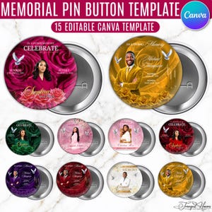 Op de afbeelding: Een collectie ronde herdenkingsbutton-sjablonen met aanpasbare fotovakken, florale achtergronden in diverse kleuren, duivengrafieken en tekstvelden voor namen en data, ontworpen voor gebruik met het Canva-ontwerpplatform.