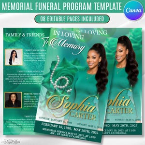 May include: A memorial funeral programme template featuring eight editable pages with a teal green background, gold text, and a large image of a person with long dark hair. The design includes a pearl necklace graphic, rose imagery, and text reading In Loving Memory, Sophia Carter, Sunrise: January 15, 1980, and Sunset: May 5, 2025.
