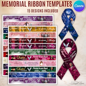 May include: A digital collection of 15 memorial ribbon templates featuring customizable text, "In Loving Memory" headings, dove graphics, and floral backgrounds. Two example ribbons are displayed in blue and deep red with portrait photos.