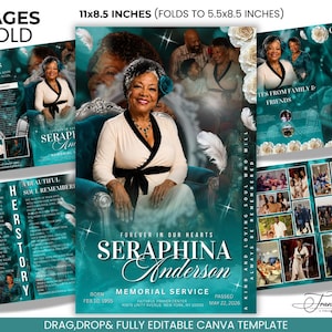 May include: An 11x8.5 inch bifold memorial service program template featuring a teal and white color scheme. The design includes a portrait of a woman, multiple photo collage sections, text fields for names, dates, and order of service details.