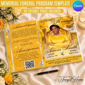 May include: A memorial funeral programme template featuring eight editable pages with a yellow rose background. The design includes a photo of a person in a yellow dress, text reading In Loving Memory, Aurora Smith, and a QR code for service details.