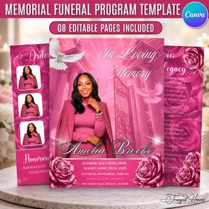 Peut inclure: Un modèle de programme funéraire commémoratif avec un thème rose, des motifs de roses, une colombe blanche et une photo centrale d'une personne. Le texte inclut In Loving Memory, Amelia Brooke, Sunrise: July 15th, 1969, Sunset: April 20th, 2025.
