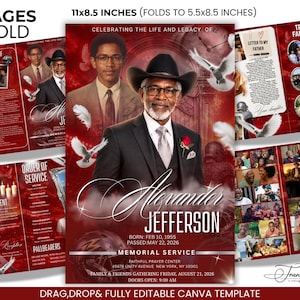 May include: An 8-page bifold memorial service program template measuring 11x8.5 inches, folding to 5.5x8.5 inches. The design features a red background with photos of Alexander Jefferson, white doves, and text detailing the memorial service.