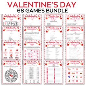 Pode incluir: Uma coleção de 16 folhas de jogos com tema do Dia dos Namorados. Os jogos incluem labirintos, curiosidades, caça-palavras e bingo. O título "VALENTINE'S DAY 68 GAMES BUNDLE" é exibido em vermelho no topo. Cada folha tem uma borda vermelha e corações decorativos.