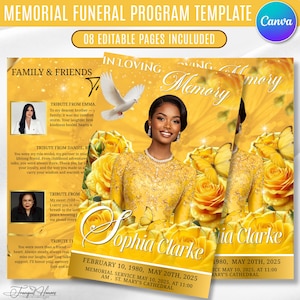 Puede incluir: Una plantilla de programa funerario conmemorativo en tonos dorados con rosas amarillas, una paloma blanca y una mariposa. El diseño incluye textos como In Loving Memory, Sophia Clarke y las fechas del 10 de febrero de 1980 al 20 de mayo de 2025.