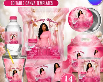 Custom Pink Memorial Party Favor Template, Celebration of Life Chip Bag, Water Bottle, Pin Button, Personalized Funeral Printable Keepsake