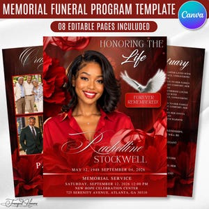 May include: A memorial funeral program template featuring eight editable pages. The design displays a red floral background, a white dove, and text including "Honoring the Life," "Forever Remembered," and "Rachelline Stockwell" with service details.