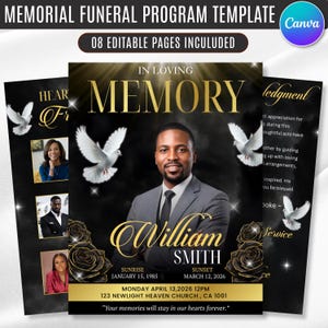 Puede incluir: Una plantilla de programa funerario conmemorativo con fondo negro, texto dorado, palomas blancas y rosas negras. El diseño incluye el retrato de un hombre con traje, el nombre William Smith, fechas y los detalles del servicio funerario.