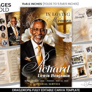May include: An 8-page bifold memorial service programme template measuring 27.9x21.6 cm, folding to 14x21.6 cm. The design features a portrait of a man in a suit and gold tie, white flowers, a dove, and text including In Loving Memory, Richard Lewis Benjamin, and dates.