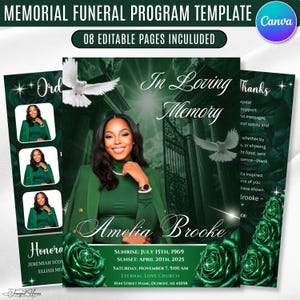 May include: A memorial funeral program template featuring a dark green theme with white roses, flying doves, and a gate background. The text includes In Loving Memory, Amelia Brooke, dates, and service details. It consists of 08 editable pages.