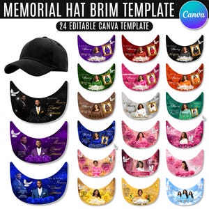 Puede incluir: Una colección digital de 24 plantillas editables de Canva para viseras de gorras conmemorativas, que incluye una gorra negra y varios diseños en forma de media luna con motivos florales, de palomas y retratos.