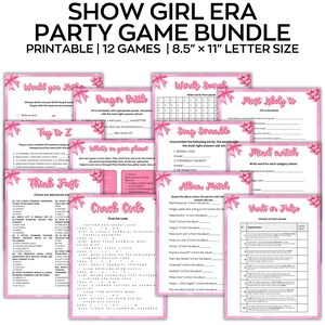 Puede incluir: Un paquete de juegos de fiesta imprimibles en rosa con 12 juegos, incluyendo "Would You Rather", "Banger Battle" y "Song Scramble". Los juegos miden 21,6 x 27,9 cm, con lazos rosas y texto. Titulado "Show Girl Era".