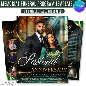 Peut inclure: Un modèle de programme funéraire commémoratif comprenant quatre pages modifiables avec un thème de couleurs vert foncé et doré. Le design inclut le texte 15th Pastoral Anniversary, A Legacy Written By Grace, et des emplacements pour photos.