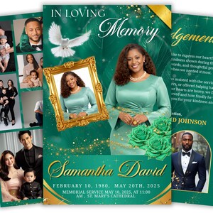 May include: A memorial program template in emerald green and gold featuring the text In Loving Memory, Samantha David, February 10, 1980, May 20th, 2025, and St. Mary's Cathedral. It includes a white dove, gold frame, and green roses.