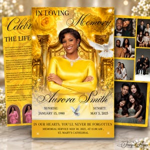 May include: A funeral program featuring a portrait of a person in a yellow long-sleeve dress, gold gates, and white doves. Text includes IN LOVING MEMORY, Aurora Smith, SUNRISE: JANUARY 15, 1980, SUNSET: MAY 5, 2025, and memorial service details.