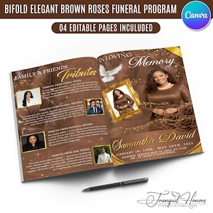 Könnte beinhalten: Eine bifold Trauerprogramm-Vorlage mit braunem Rosenhintergrund, goldenen Akzenten und dem Text In Loving Memory of Samantha David. Das Layout enthält Abschnitte für Familien-Tribute, Fotos und Service-Details, mit einem schwarzen Stift darunter.
