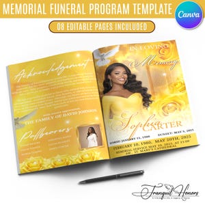 May include: A memorial funeral program template with eight editable pages, featuring a yellow floral theme, a photo of a person in a yellow dress, a white dove, and text including In Loving Memory, Sophia Carter, and service details.
