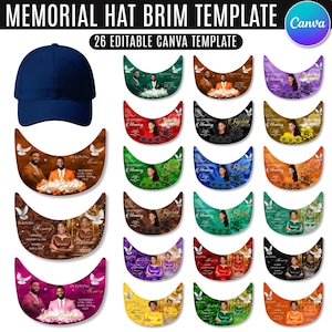 Peut inclure: Une collection numérique de 26 modèles de visières de casquette éditables pour des designs commémoratifs. L'ensemble comprend une casquette bleu marine et divers graphismes en forme de croissant avec des fleurs et des colombes blanches.
