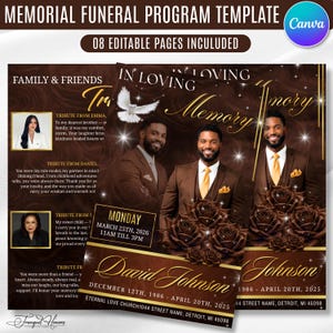 May include: A memorial funeral program template featuring a dark brown background with gold accents, a white dove, and dark roses. The text includes "In Loving Memory," "David Johnson," dates, and "Memorial Funeral Program Template 08 Editable Pages Included."