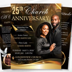 May include: A 25th Church Anniversary event flyer featuring a black and gold theme. It displays a smiling couple, the text 25th Church Anniversary, Honoring Our Pastors, David Smith Lee, Emma Smith, May 5, 2026, and Goldenview Church, 123, Claudes Street, CA 1001.