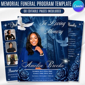 Puede incluir: Una plantilla de programa funerario con 8 páginas editables con un tema azul profundo, palomas blancas y rosas azul oscuro. La portada muestra el texto In Loving Memory, Amelia Brooke, Sunrise: July 15th, 1969, Sunset: April 20th, 2025.