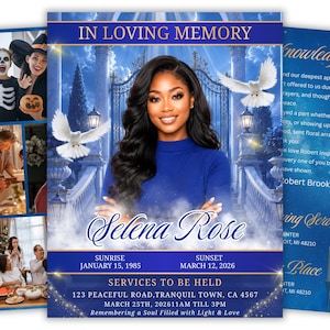 Könnte beinhalten: Eine Trauerprogramm-Vorlage mit dem Porträt einer Frau in einem blauen Oberteil vor einem blauen Hintergrund mit weißen Tauben, verzierten Toren und dem Text IN LOVING MEMORY, Selena Rose, SUNRISE JANUARY 15, 1985, SUNSET MARCH 12, 2026.