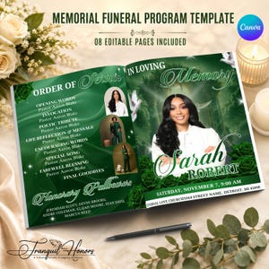 May include: A memorial funeral program template with eight editable pages. The design features a deep green background with white roses, doves, and text including "In Loving Memory," "Order of Service," and "Sarah Robert" with date and location.