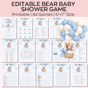 Könnte beinhalten: Eine Sammlung druckbarer Babyparty-Spiele mit Bären-Motiv. Die Spiele umfassen ein Baby-Wortsuchspiel, Ratespiel und Babyparty-Geschenke-Bingo. Der Text lautet: "EDITABLE BEAR BABY SHOWER GAME Druckbar | 84 Spiele | 12,7cm x 17,8cm Größe."