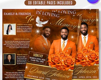 08 Pages Elegant Orange Silk Funeral Program Template, Forever In Our Heart, Bifold 11x8.5” Design, Memorial Program, Instant Download