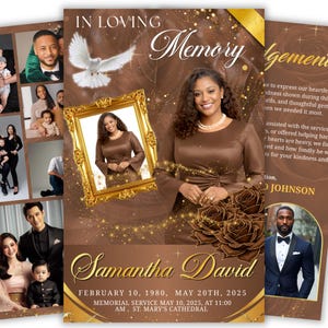 Op de afbeelding: Een sjabloon voor een uitvaartprogramma met een bruine achtergrond, gouden accenten, een witte duif en een gouden lijst met een foto van Samantha David. De tekst luidt In Loving Memory, Samantha David, February 10, 1980, May 20th, 2025.